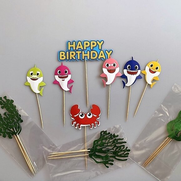 BABY SHARK THEME HAPPY BIRTHDAY CAKE TOPPERS SET 16 - Picture 1 of 3